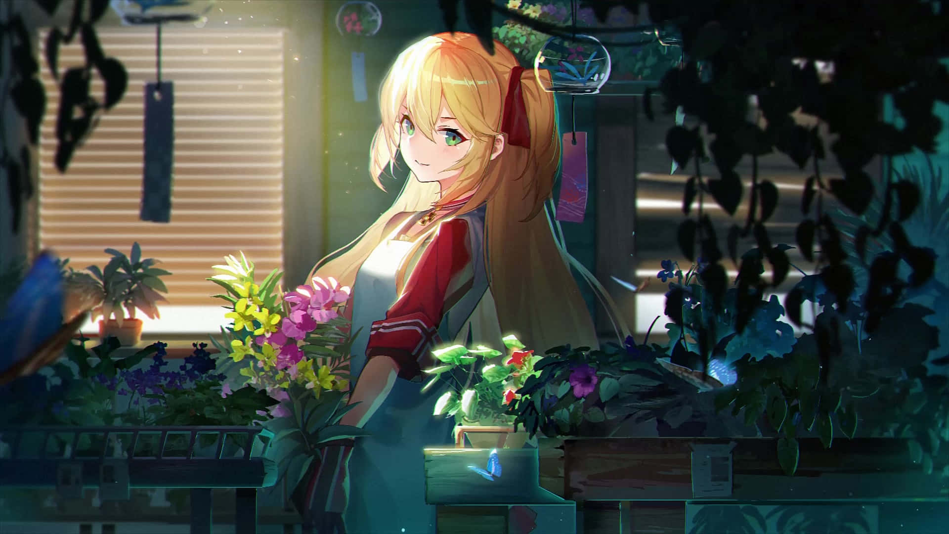 blonde anime girl, red and white outfit, colorful flowers, Full HD Desktop Wallpaper