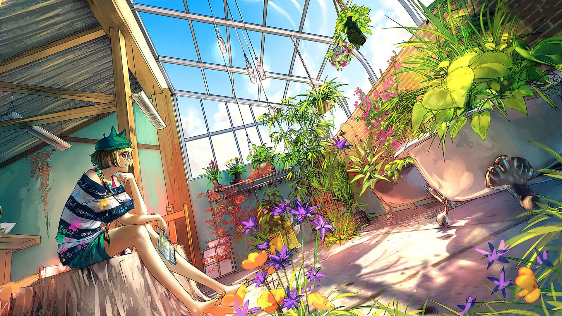 anime girl, striped shirt, tree stump, Full HD Desktop Wallpaper