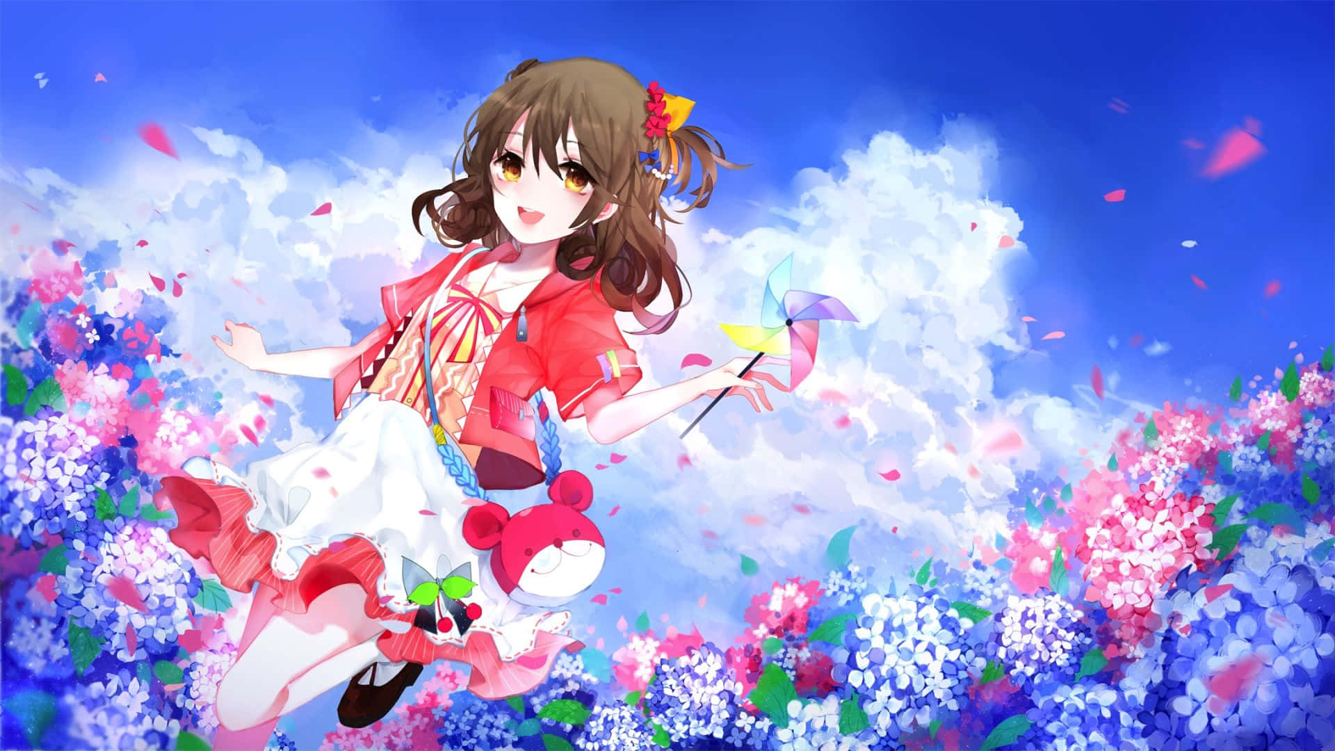 anime girl, red outfit, blue and pink hydrangeas, Full HD Desktop Wallpaper