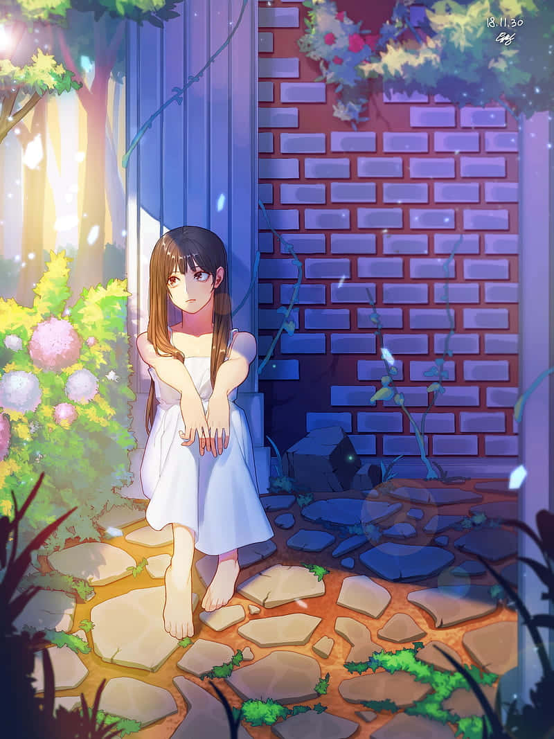 anime girl, white dress, stone path, SD Phone Wallpaper