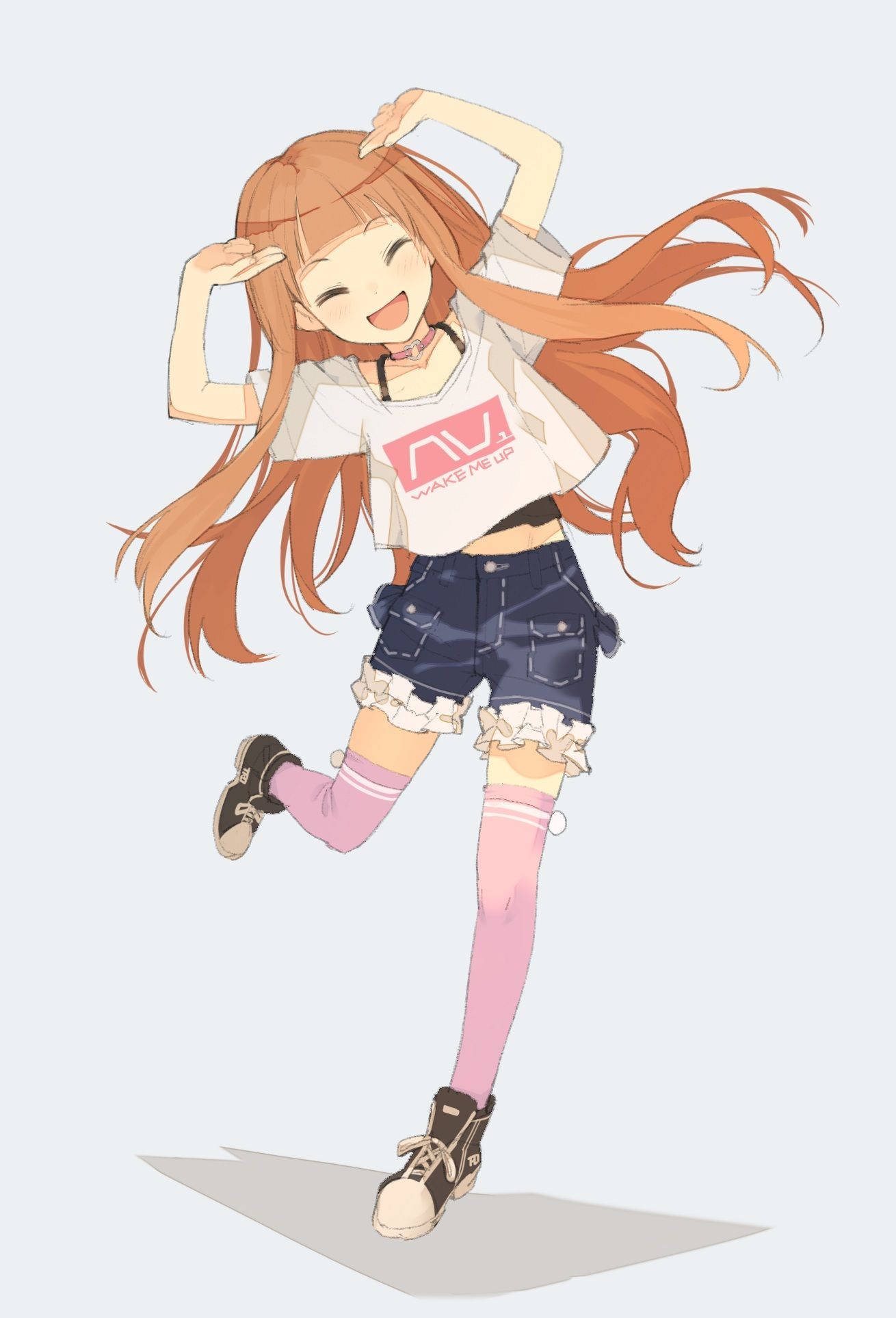 anime girl, long orange hair, dances joyfully, Full HD Phone Wallpaper