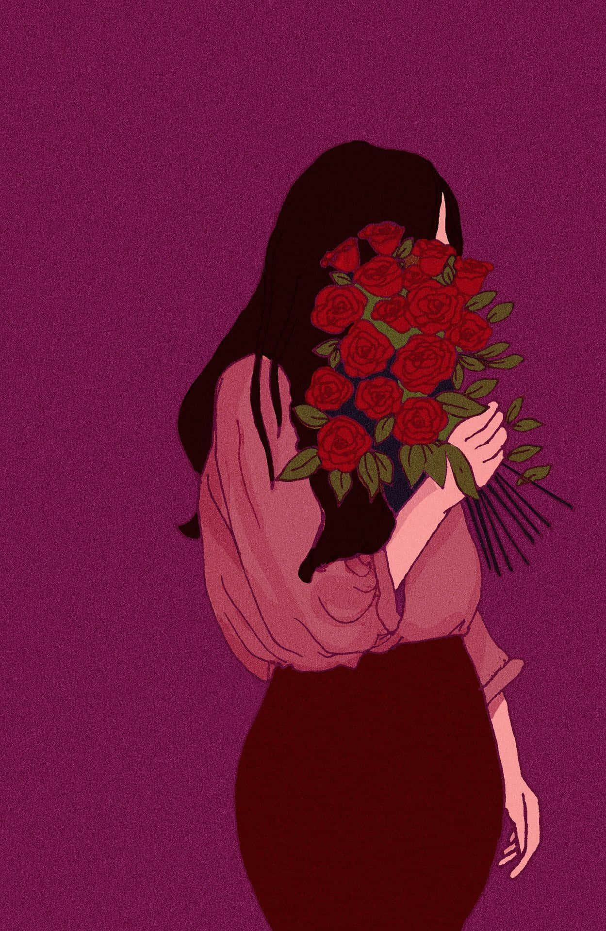 Anime Girl Aesthetic, long dark hair, vibrant bouquet of red roses, Full HD Phone Wallpaper