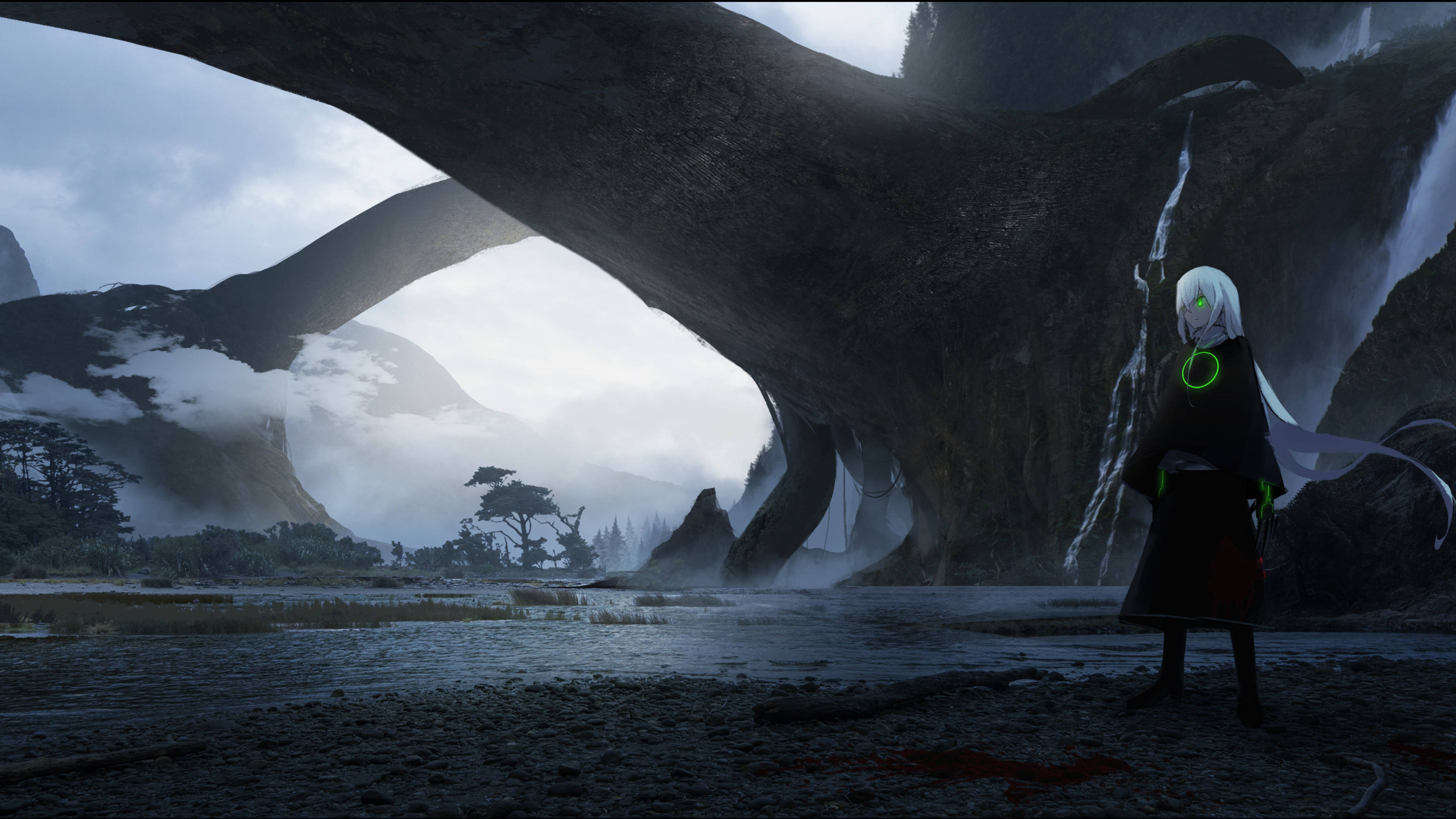 4K Anime Art, glowing green eyes, colossal ancient tree, 4K Desktop Wallpaper