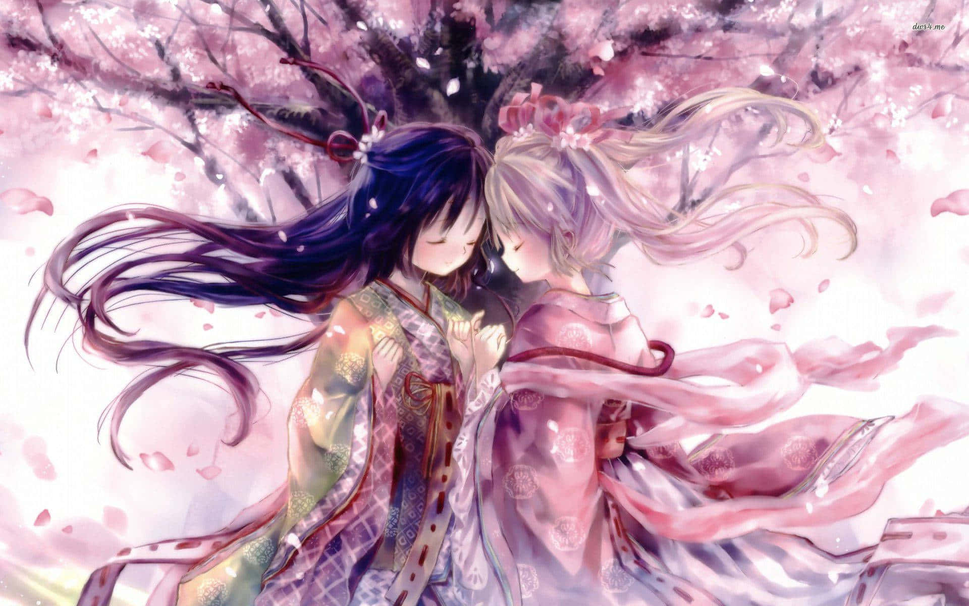 Anime Girls, Flowing Kimonos, Blossoming Cherry Tree, Full HD Desktop Wallpaper