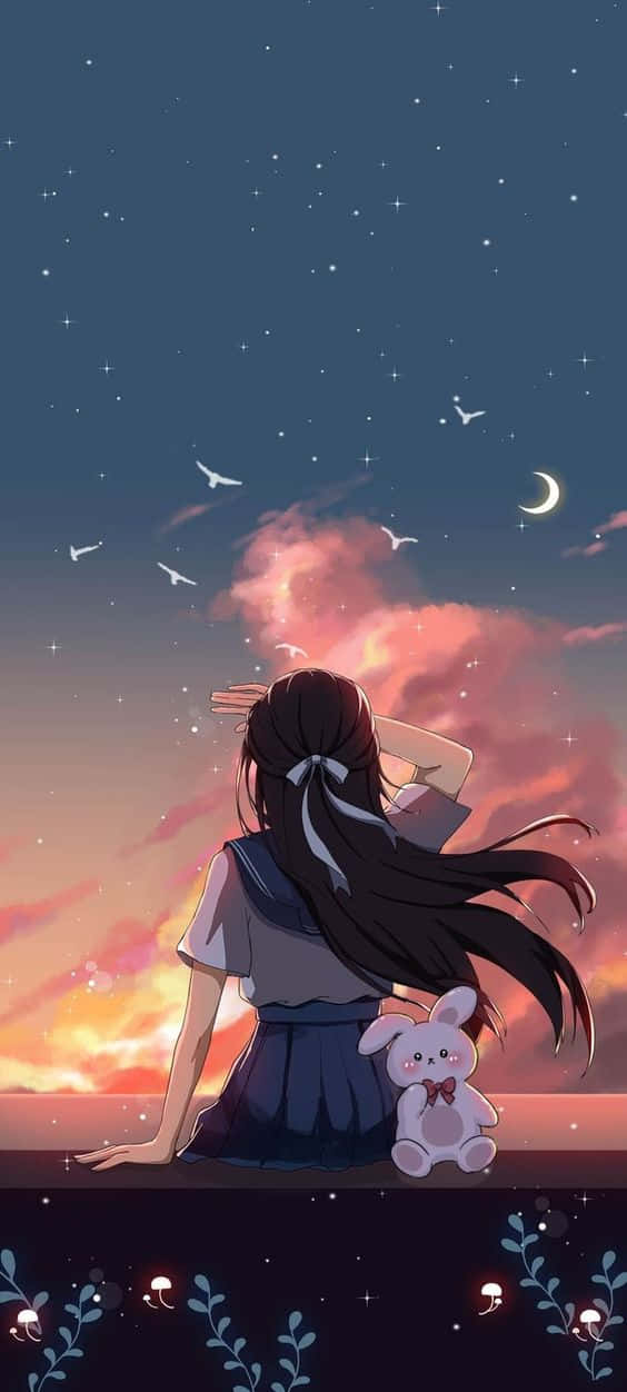 Anime Girl, long dark hair, ledge, SD Phone Wallpaper
