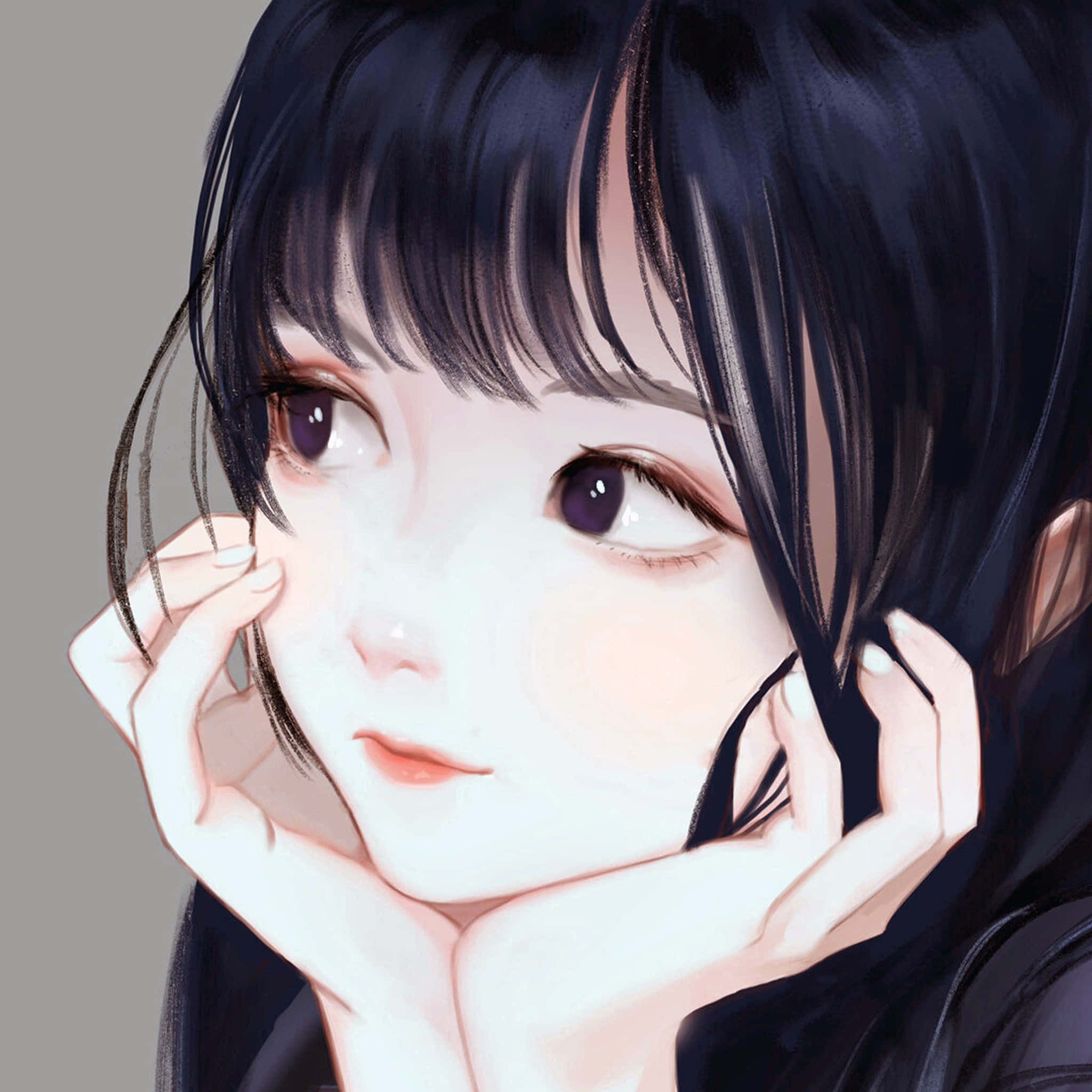 Korean anime girl, dark hair, purple eyes, Full HD Desktop Wallpaper