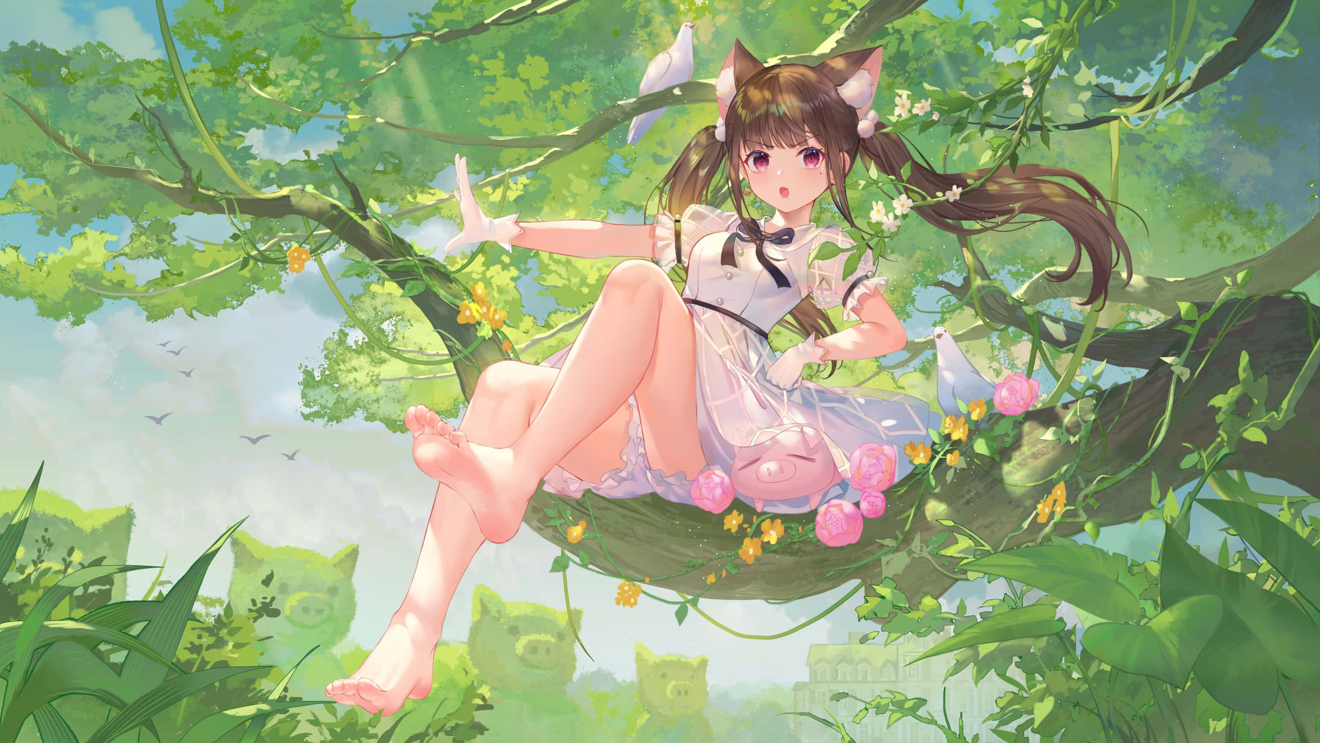 cat girl, anime girl, white dress, 2K Desktop Wallpaper