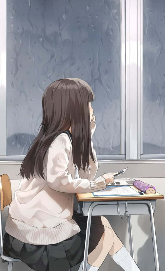 Anime Girl Aesthetic, school uniform, rain-streaked window, SD Phone Wallpaper