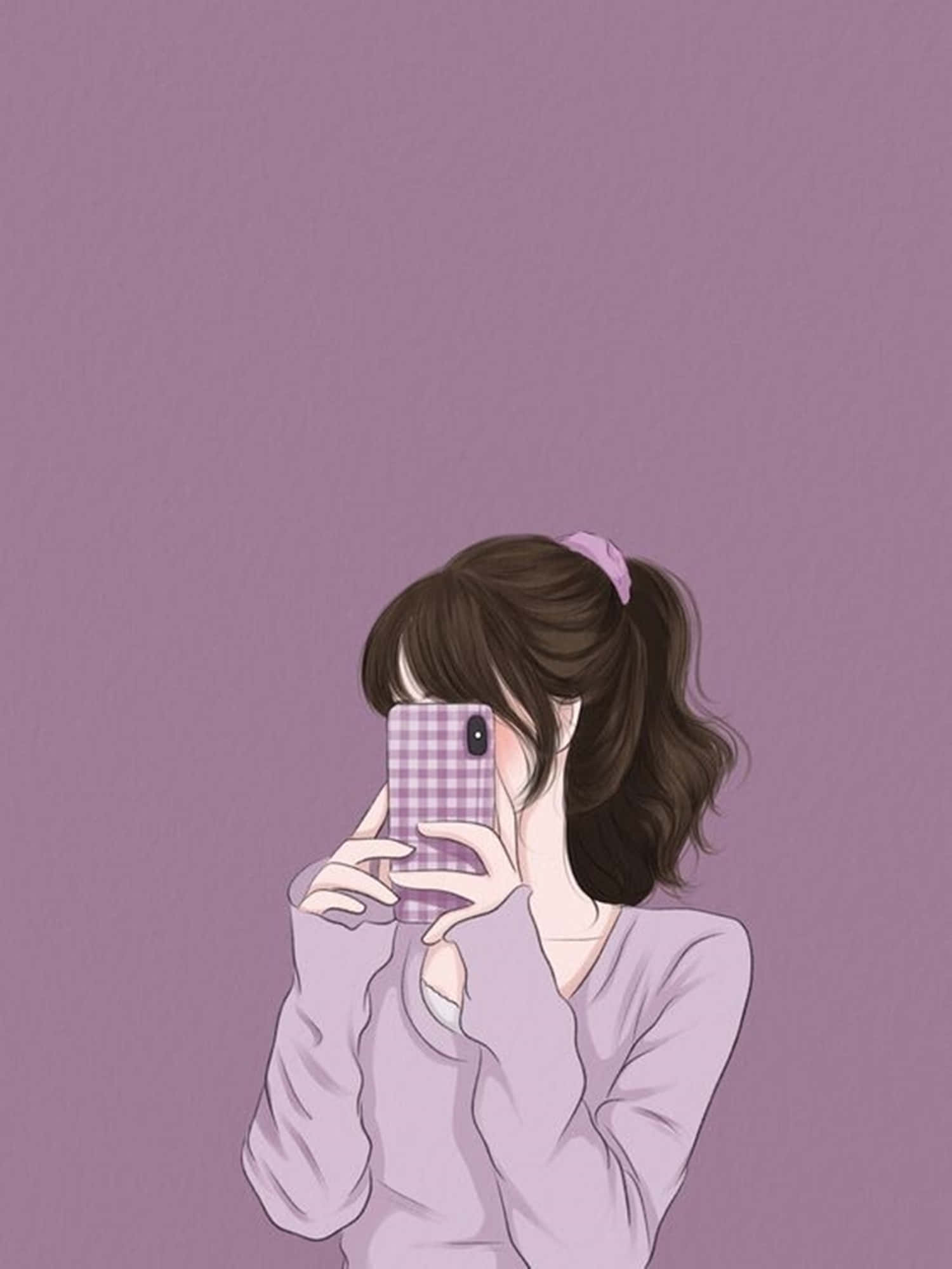 Anime Girl Aesthetic, purple checkered phone, brown hair, Full HD Phone Wallpaper