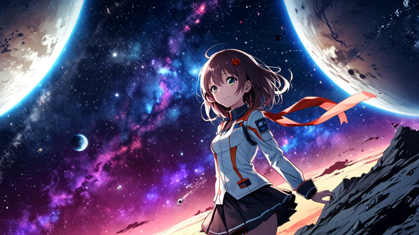anime girl, white space suit, rocky planet, HD Desktop Wallpaper
