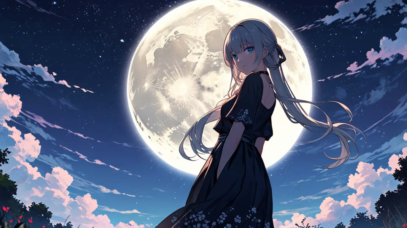 silver-haired anime girl, black floral dress, giant glowing moon, HD Desktop Wallpaper