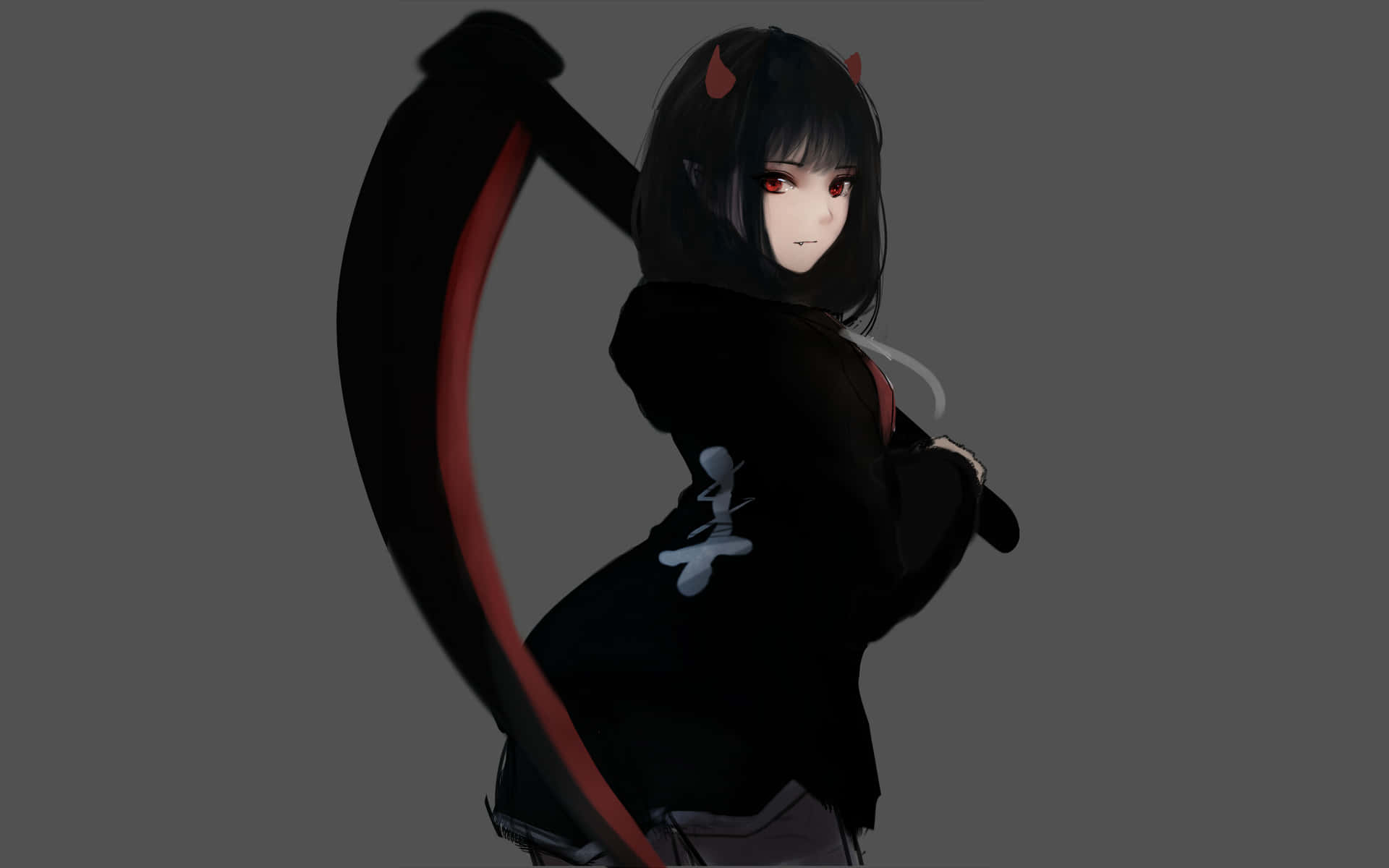 Anime Girl with Dark Hair, red eyes, small horns, Full HD Desktop Wallpaper