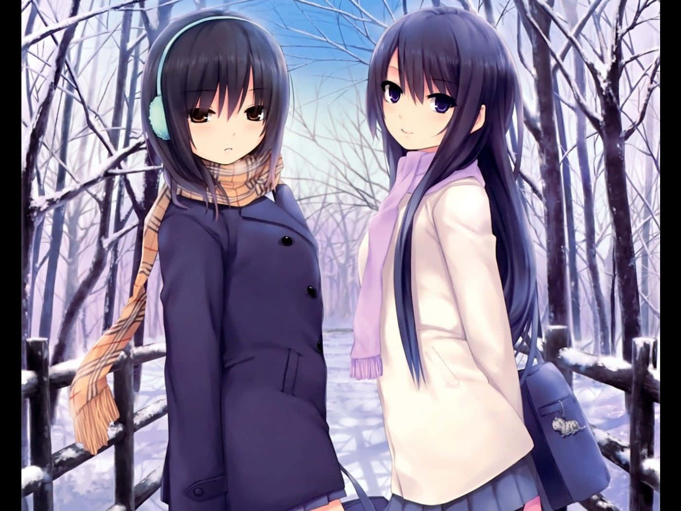 anime girl, long black hair, winter coats, HD Desktop Wallpaper
