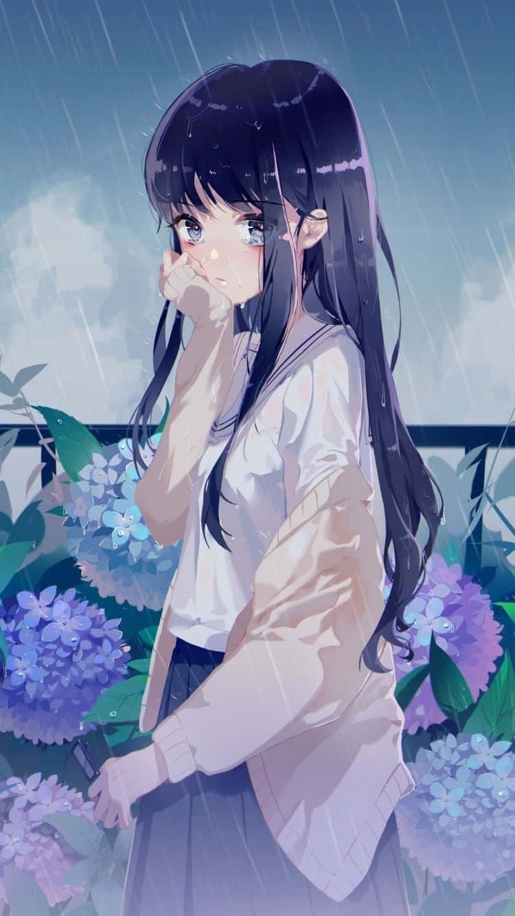 anime girl, long black hair, rain, HD Phone Wallpaper