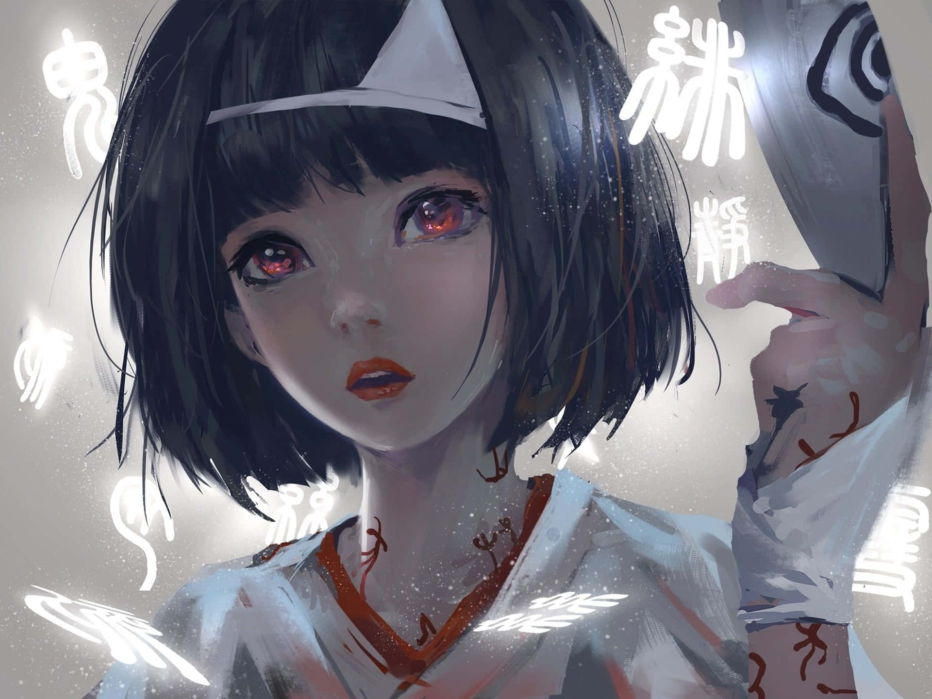 Anime Girl, Black Hair, Red Eyes, Full HD Desktop Wallpaper