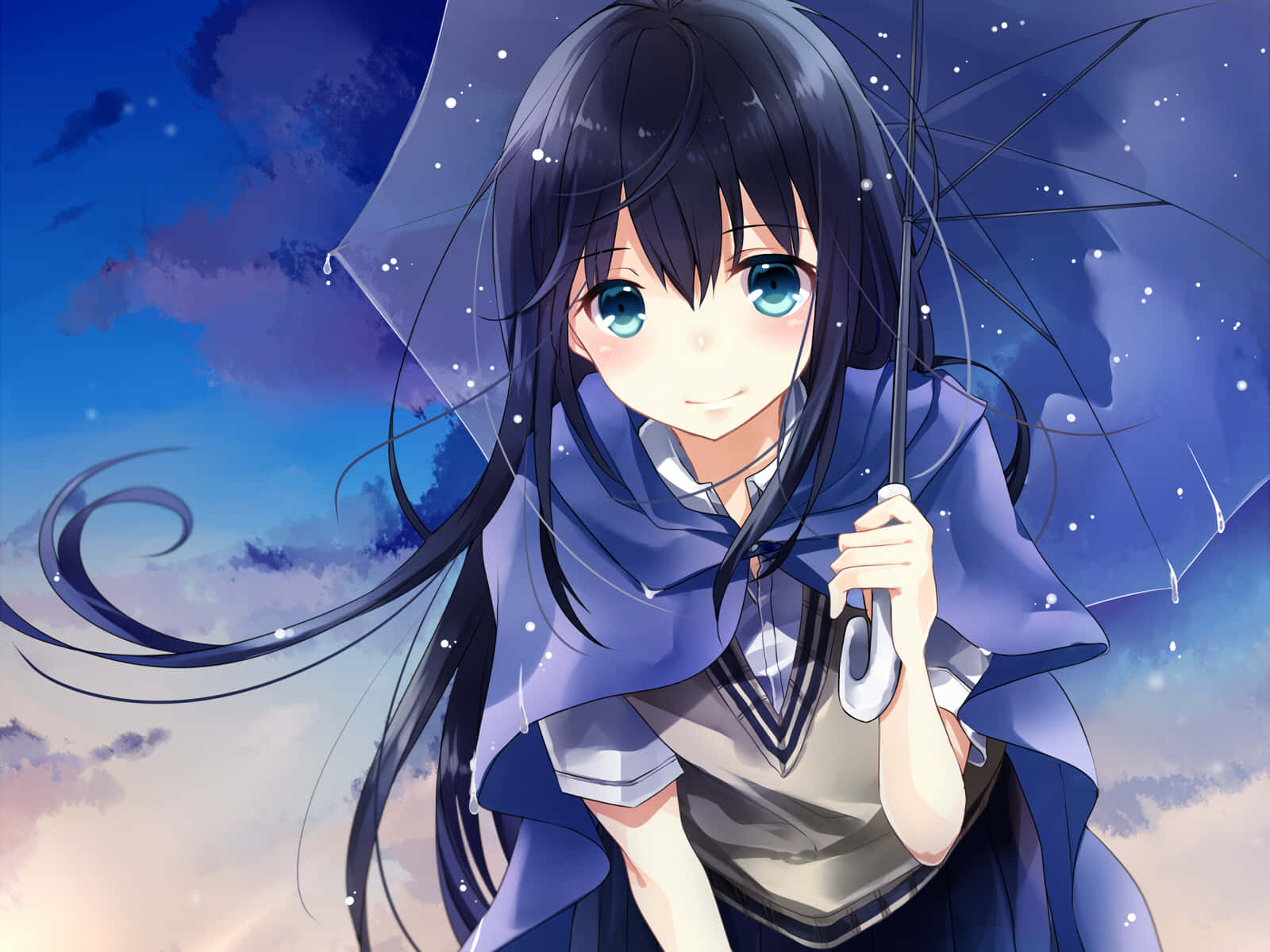 anime girl, long black hair, blue eyes, HD Desktop Wallpaper