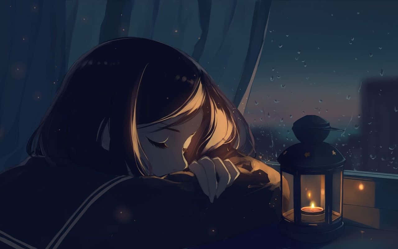 Anime Girl With Black Hair, window, rain, HD Desktop Wallpaper