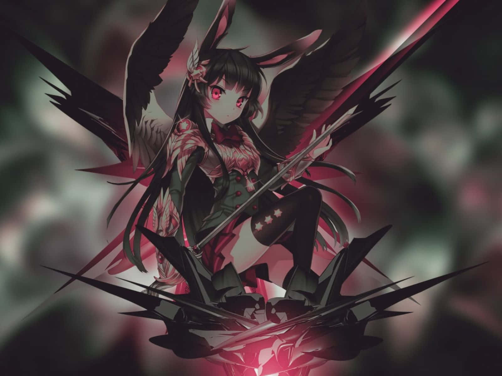 anime girl, black wings, red eyes, HD Desktop Wallpaper
