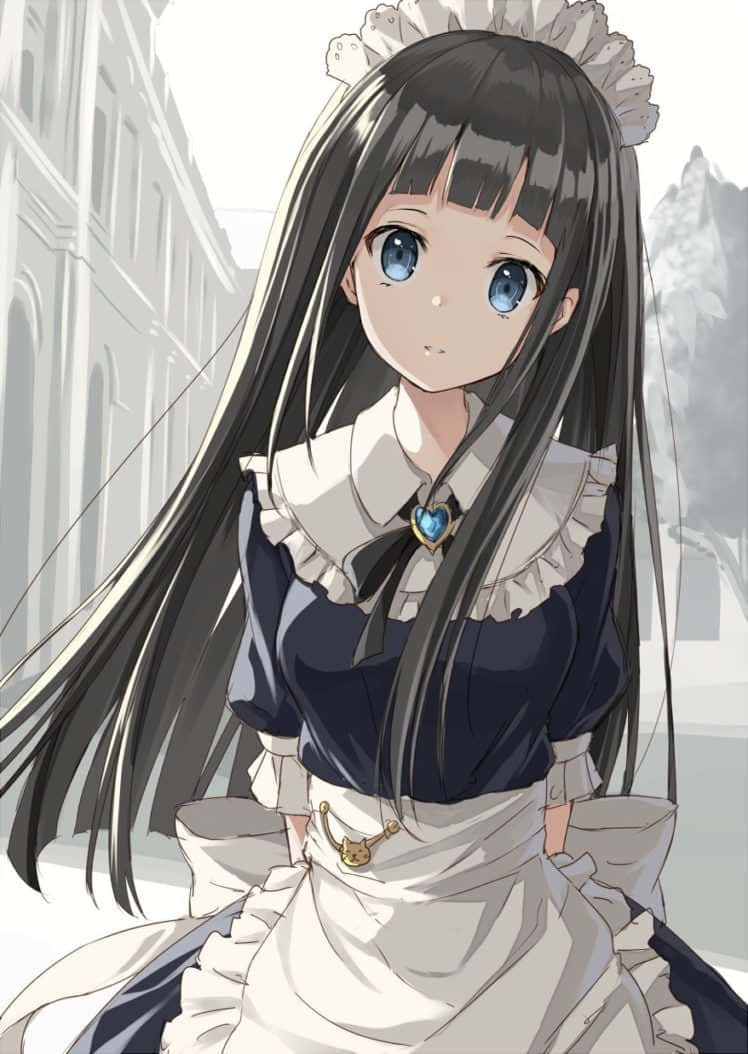 Anime Girl with Long Black Hair, long black hair, blue eyes, SD Phone Wallpaper