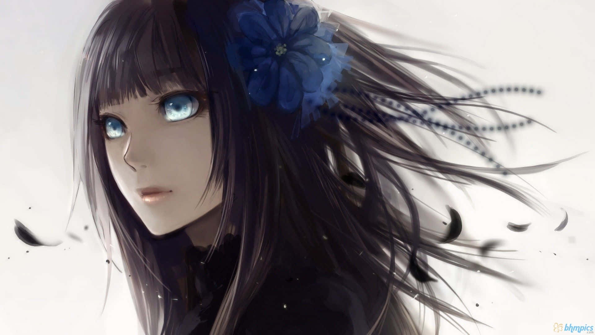 Anime Girl with Black Hair, glowing blue eyes, dark hair, Full HD Desktop Wallpaper