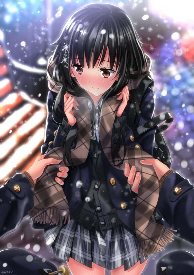 Anime Girl with Black Hair, plaid school uniform, snowflakes, SD Phone Wallpaper
