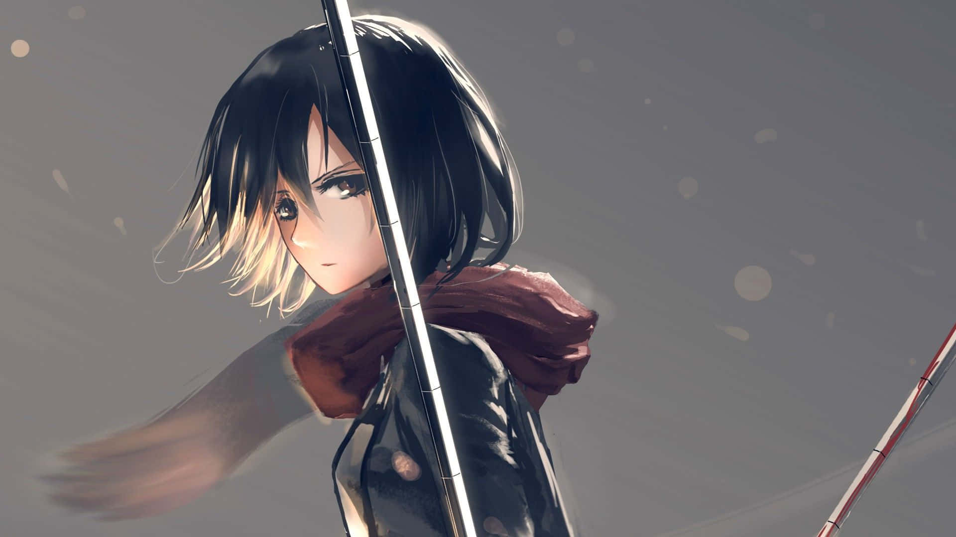 Anime Girl, long, black hair, red scarf, Full HD Desktop Wallpaper