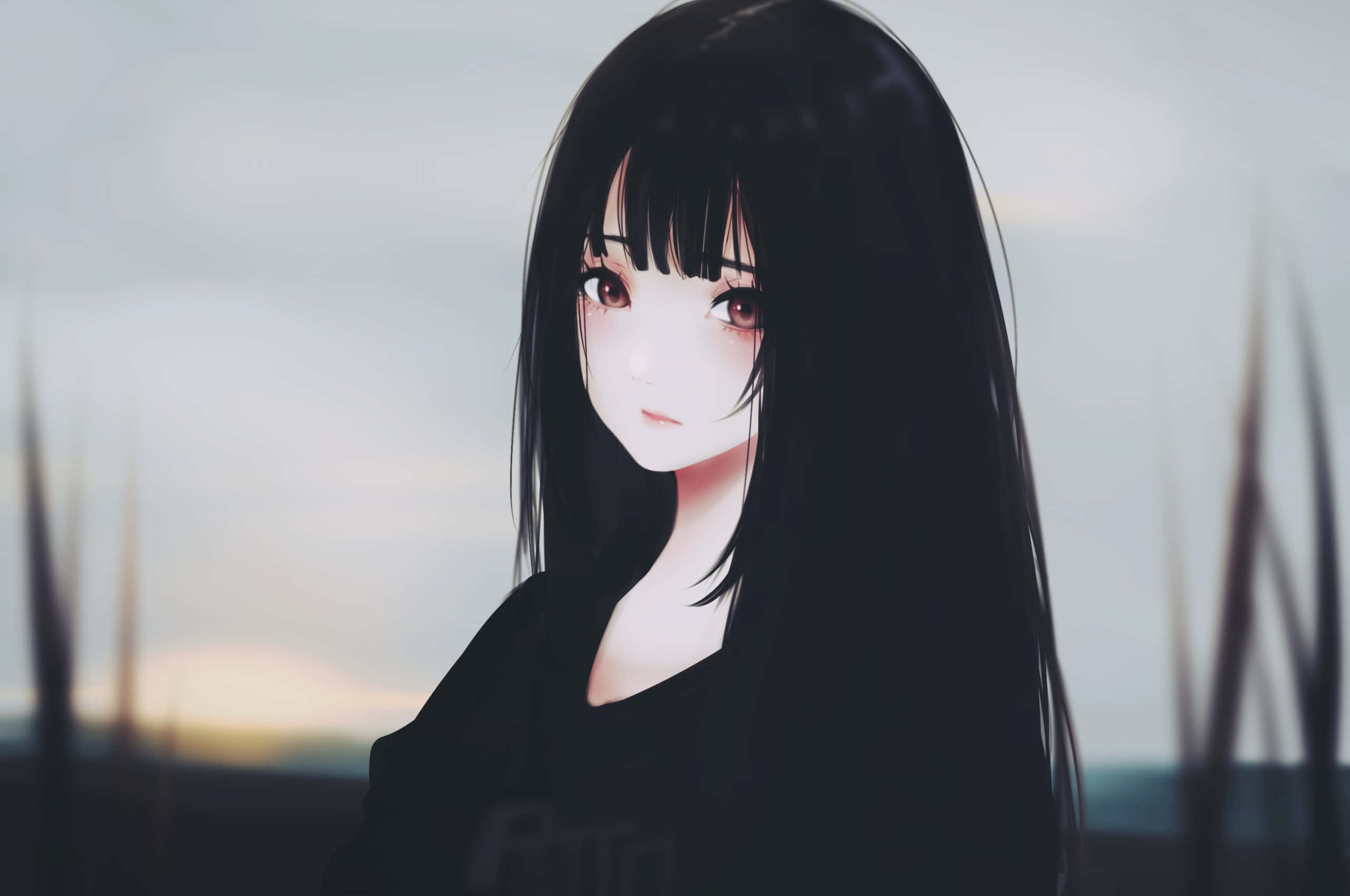 anime girl, long black hair, soft pink eyes, 2K Desktop Wallpaper