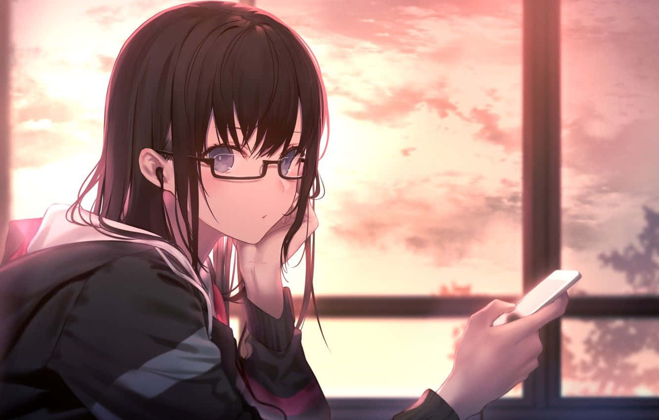 anime girl, jet black hair, glasses, HD Desktop Wallpaper