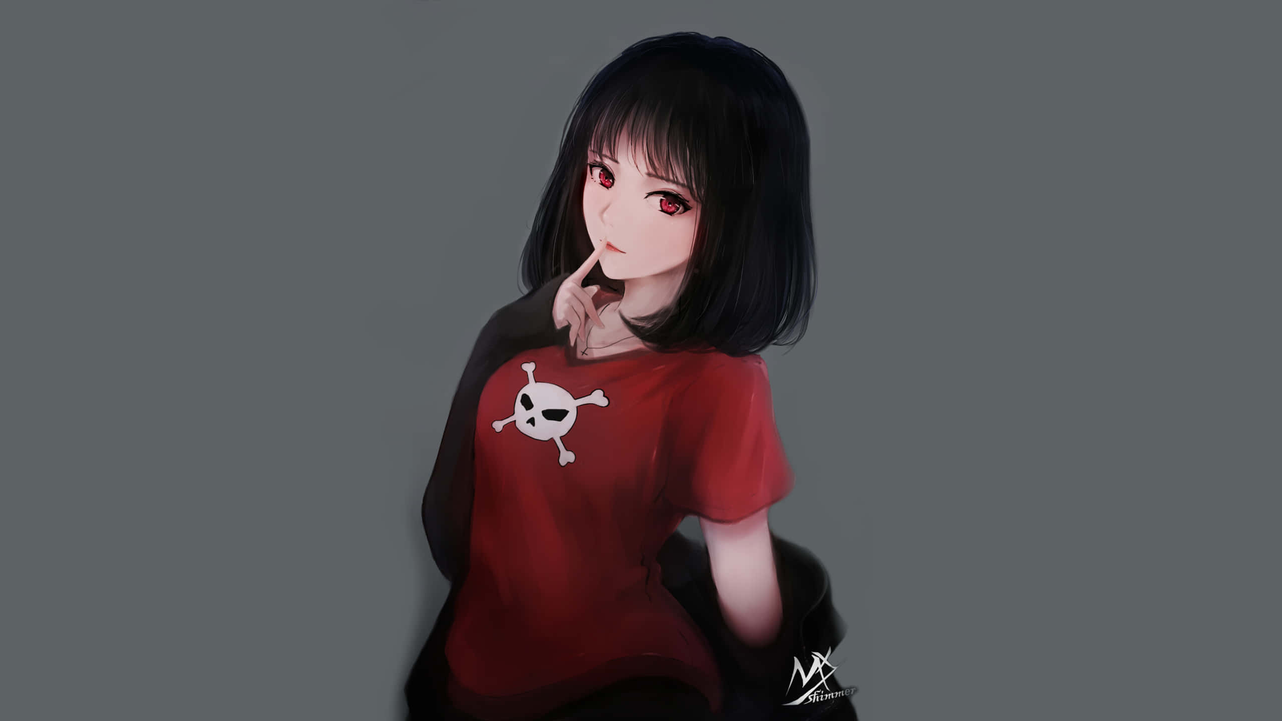 anime girl, black hair, red eyes, 2K Desktop Wallpaper