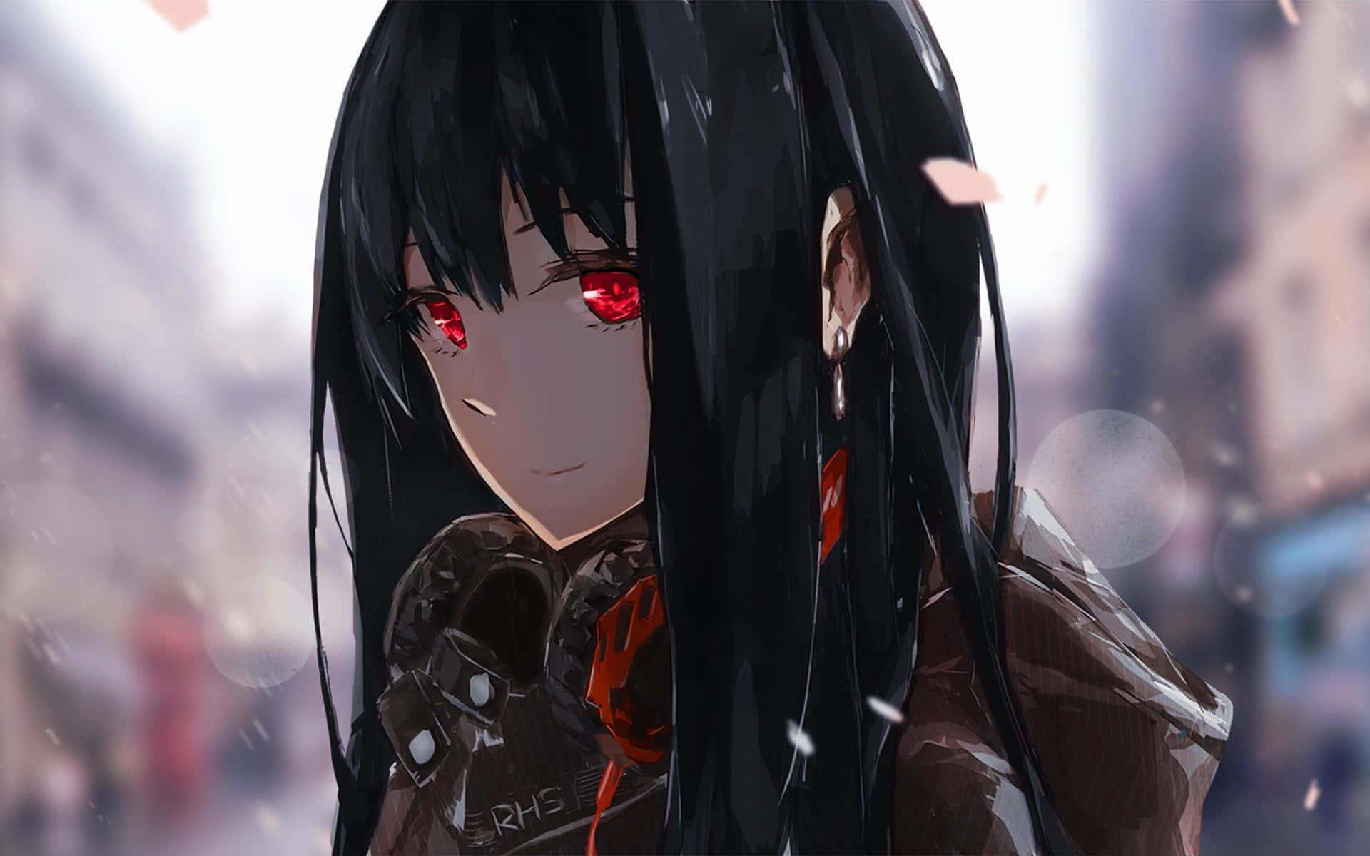 anime girl, long black hair, glowing red eyes, Full HD Desktop Wallpaper