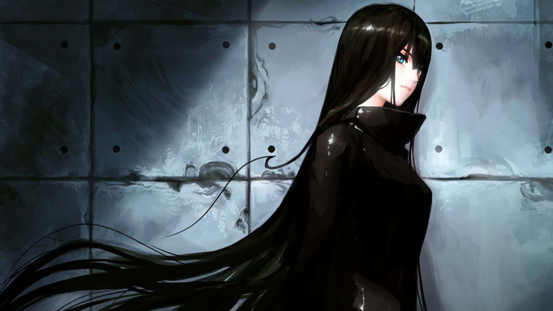 anime girl, long black hair, wet concrete wall, Full HD Desktop Wallpaper