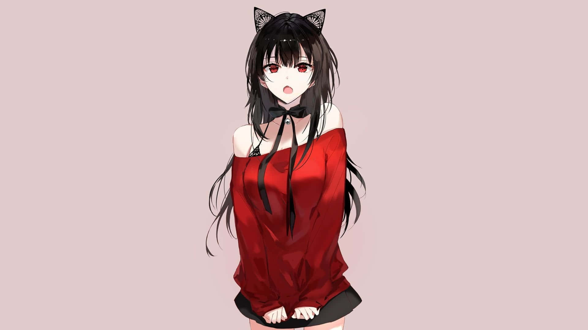 Anime Girl with Black Hair, black cat ears, red eyes, Full HD Desktop Wallpaper