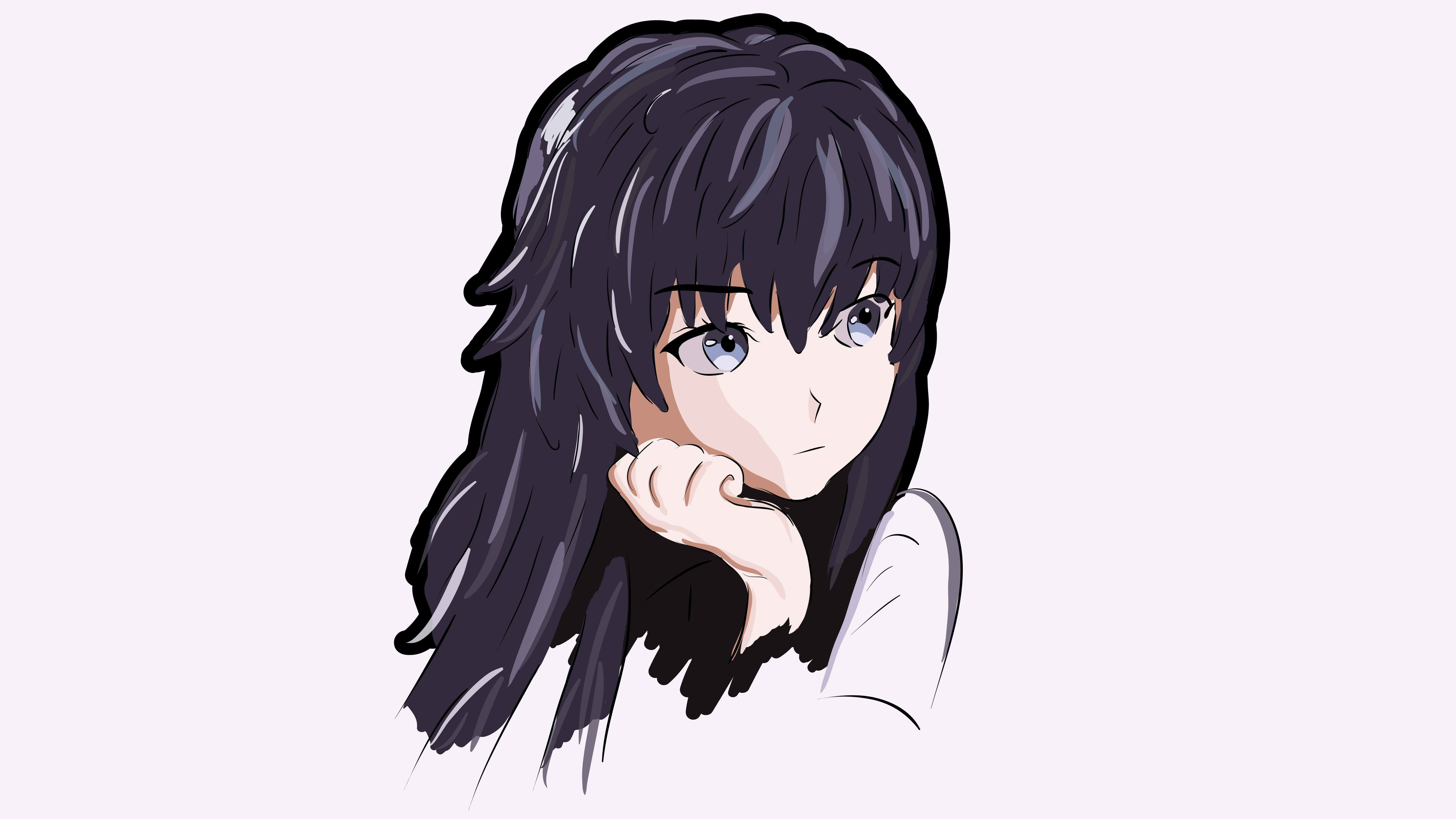 anime girl, black hair, long dark hair, 8K Desktop Wallpaper