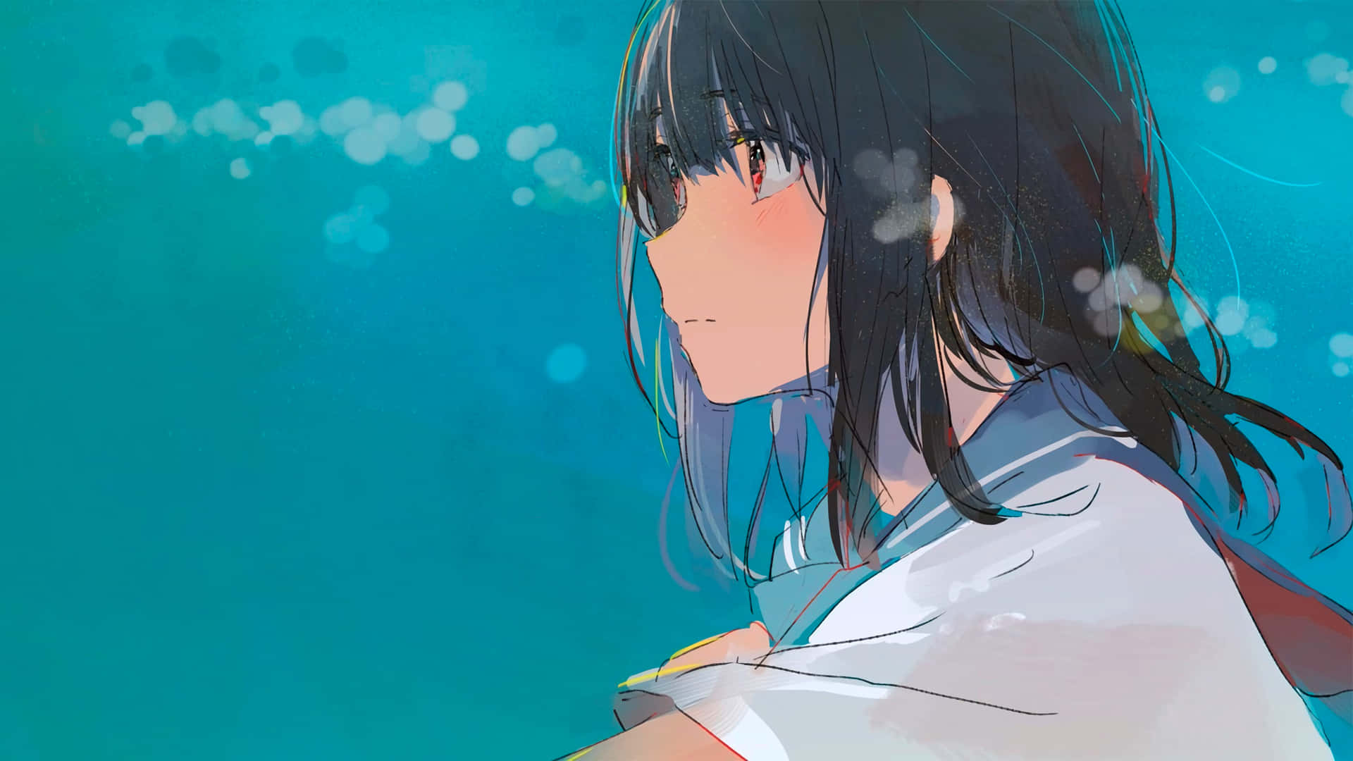 Anime School Girl, dark hair, red eyes, Full HD Desktop Wallpaper