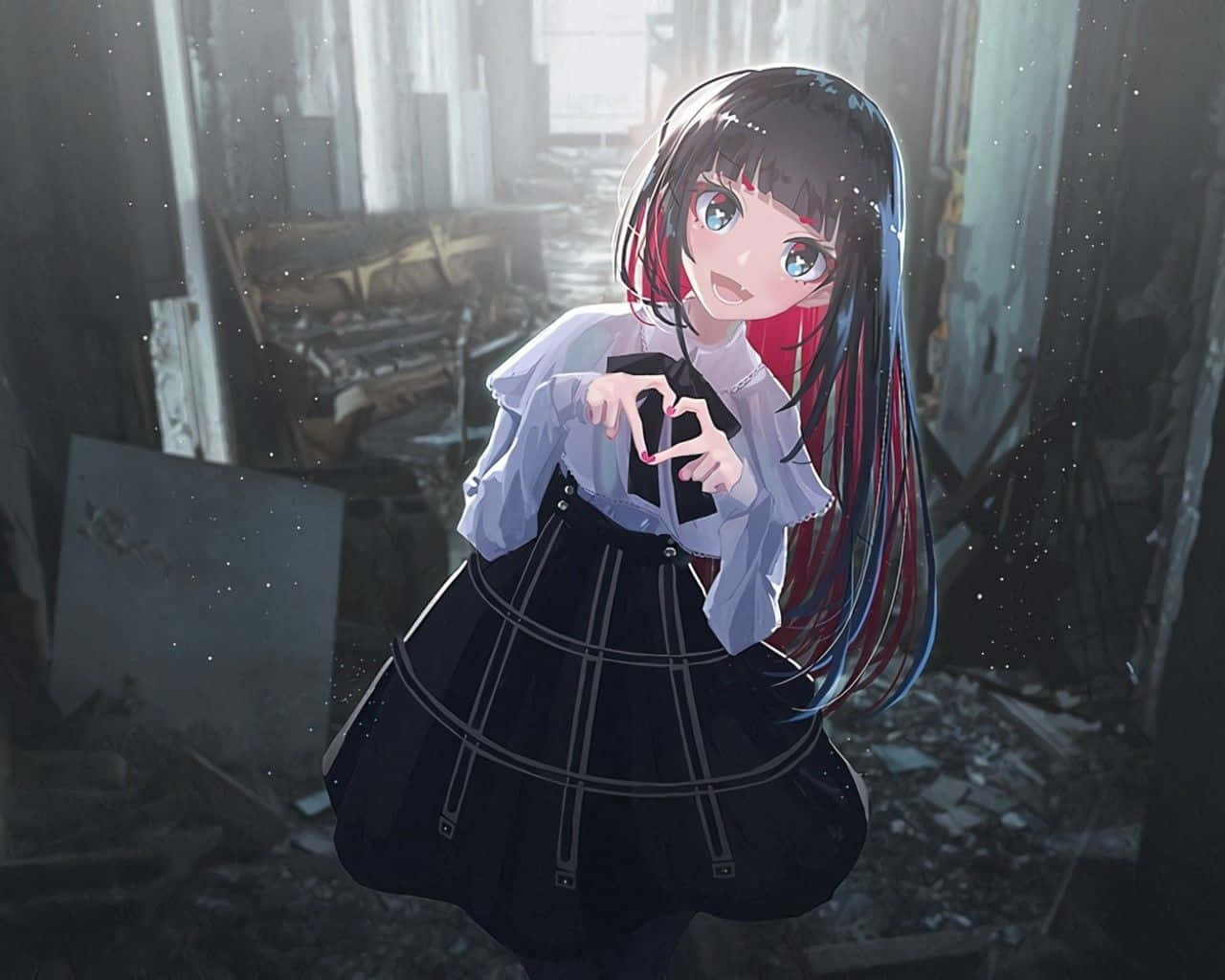anime girl, long, black hair, black and red hair, HD Desktop Wallpaper