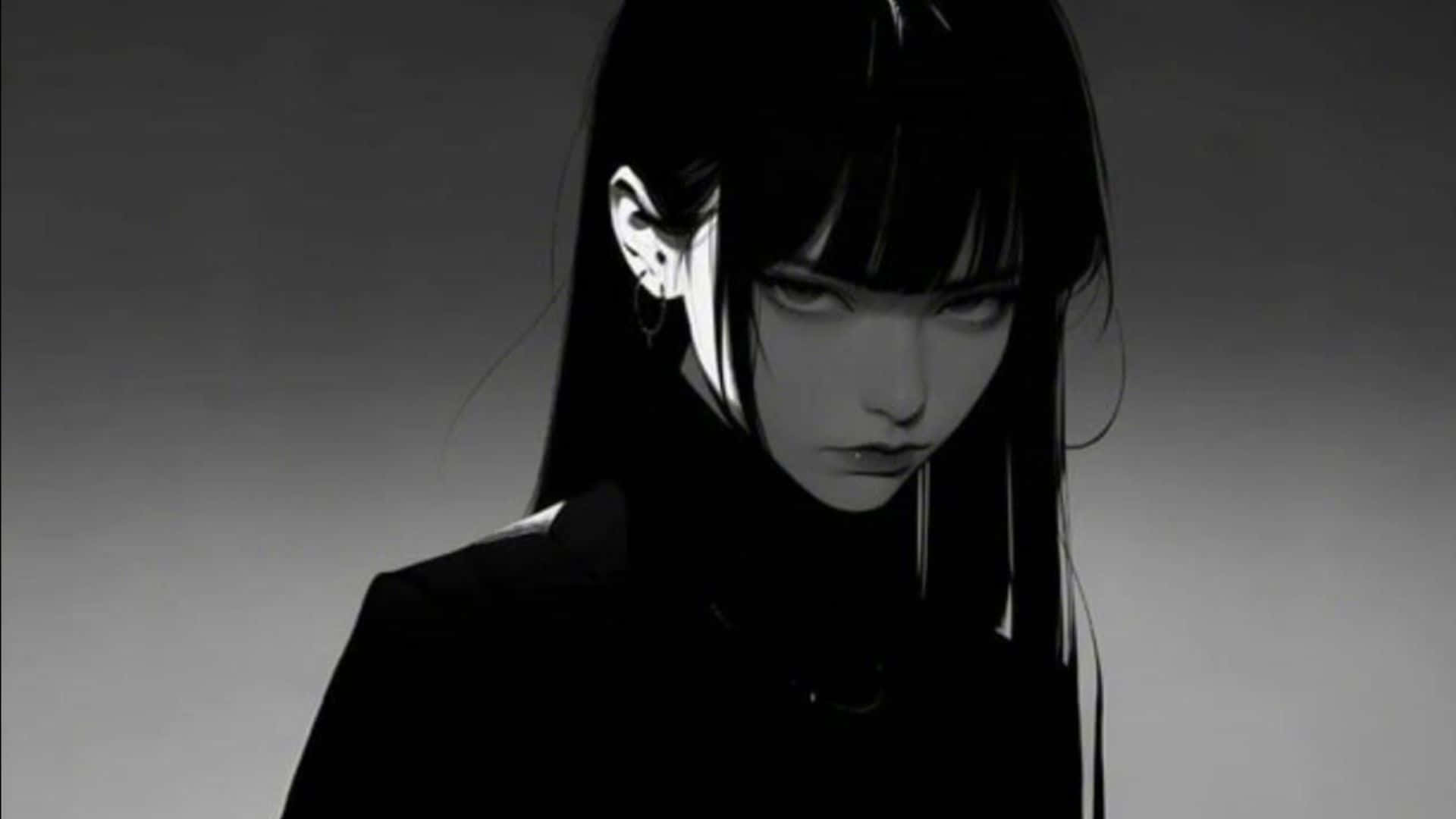 black and white anime girl, long black hair, piercing eyes, Full HD Desktop Wallpaper