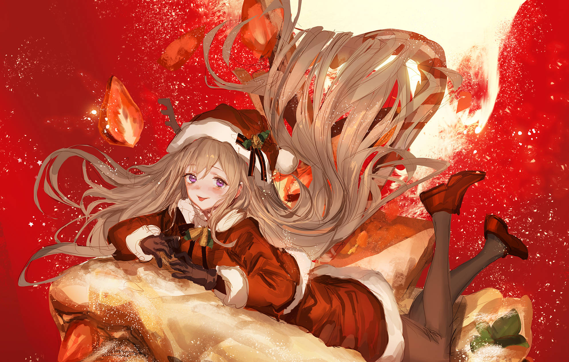 Anime Girl Christmas, Santa outfit, snowy rock, Full HD Desktop Wallpaper