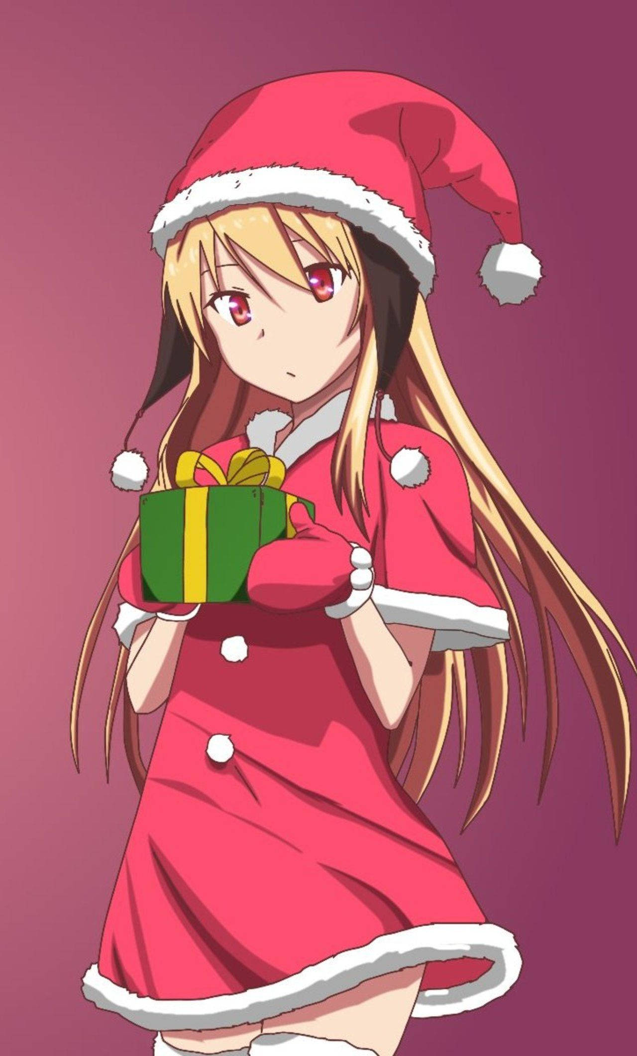 Anime girl, red Santa outfit, green gift, Full HD Phone Wallpaper