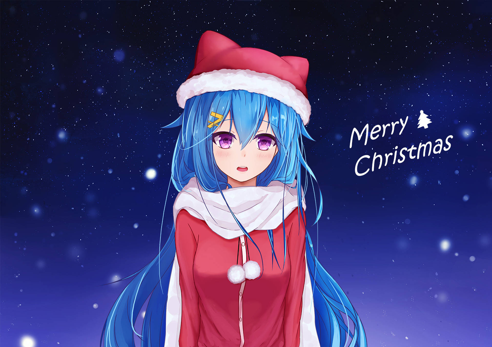 anime girl christmas, blue-haired anime girl, red Santa hat and coat, Full HD Desktop Wallpaper