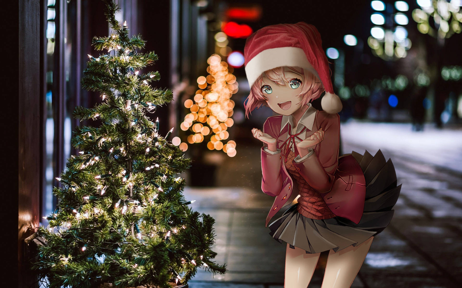 Anime Girl Christmas, Santa hat, glowing Christmas tree, Full HD Desktop Wallpaper