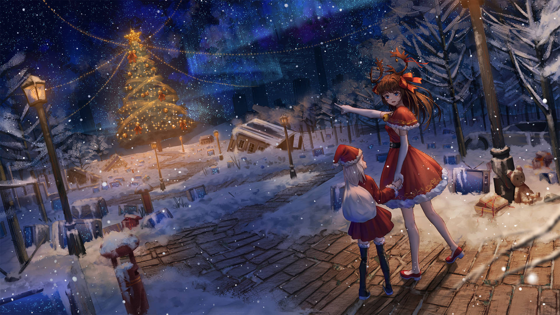 Anime Girl, Christmas, festive red outfits, Full HD Desktop Wallpaper