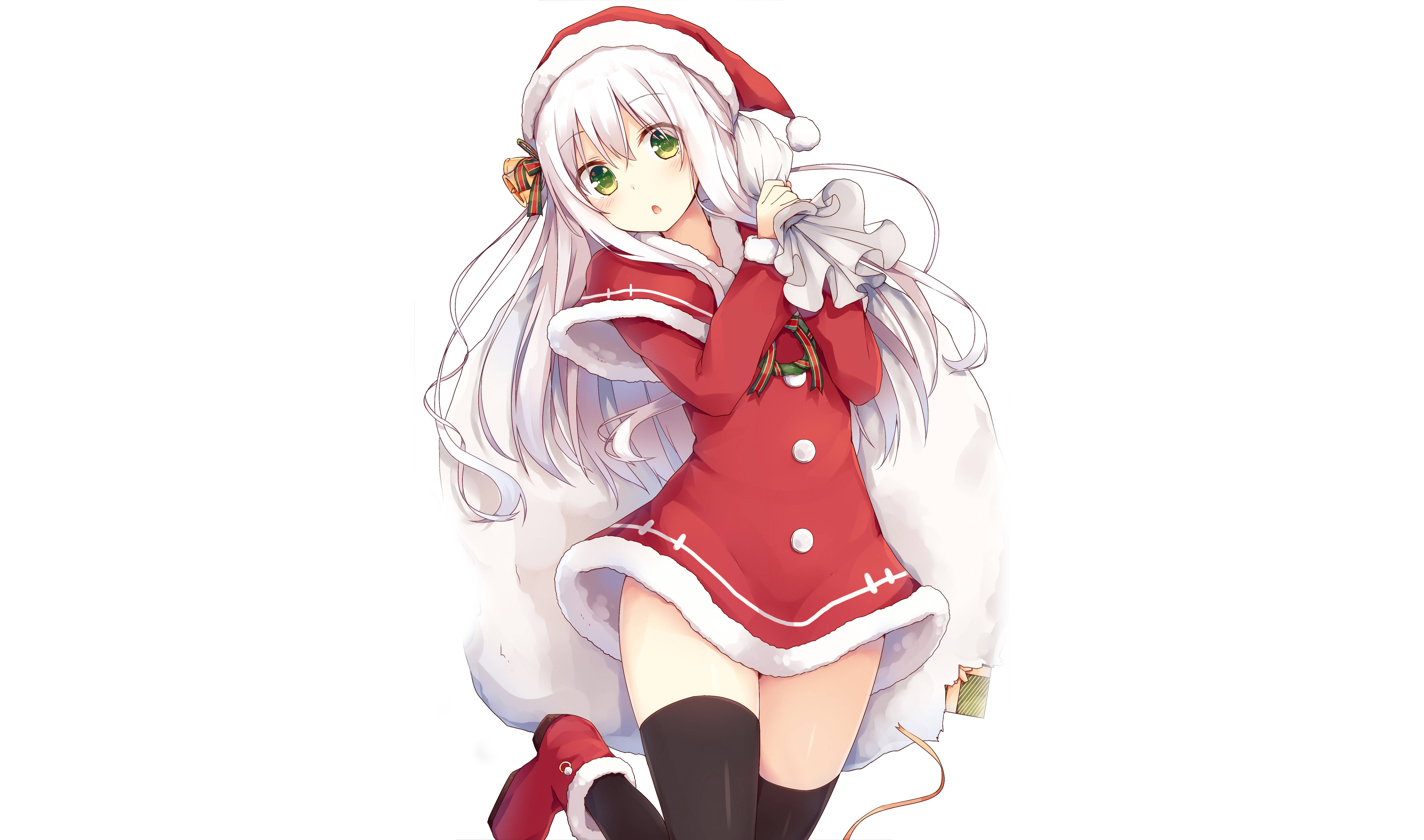 Anime Girl Christmas, white hair, green eyes, 5K Desktop Wallpaper