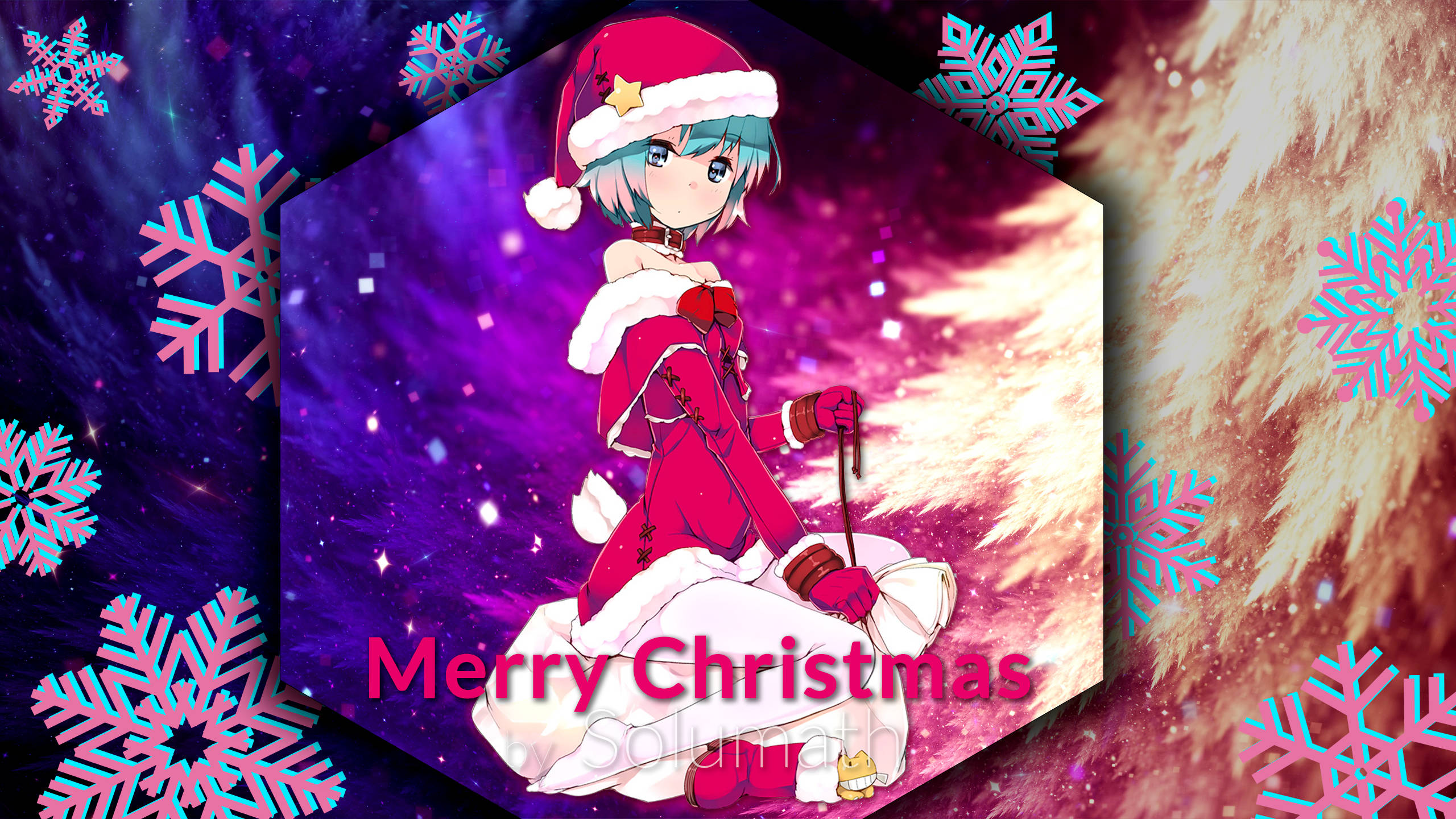 Anime Girl Christmas, red Santa outfit, cosmic snowflake backdrop, 2K Desktop Wallpaper