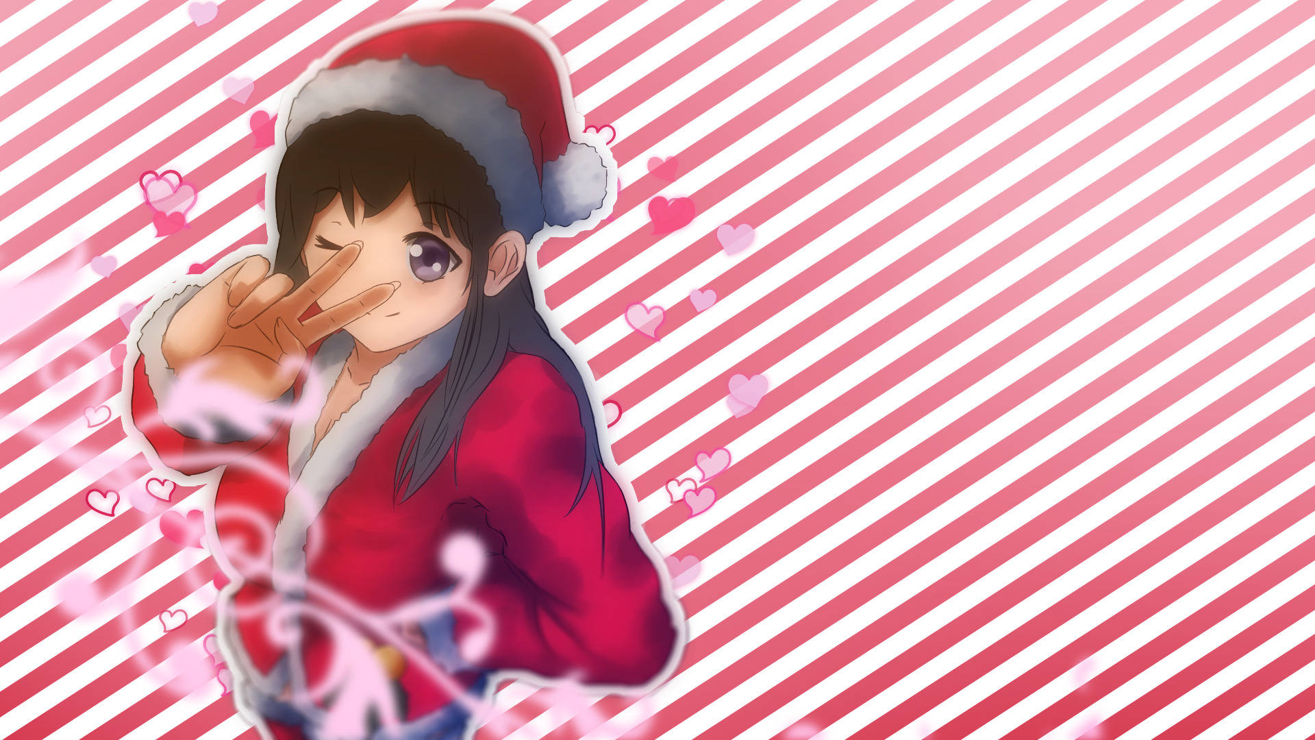 Anime Girl Christmas, red Santa outfit, pink striped background, Full HD Desktop Wallpaper