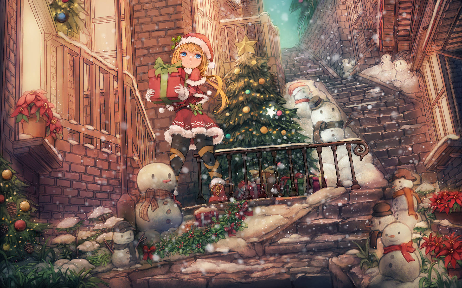 Anime Girl Christmas, Santa outfit, snowy staircase, Full HD Desktop Wallpaper