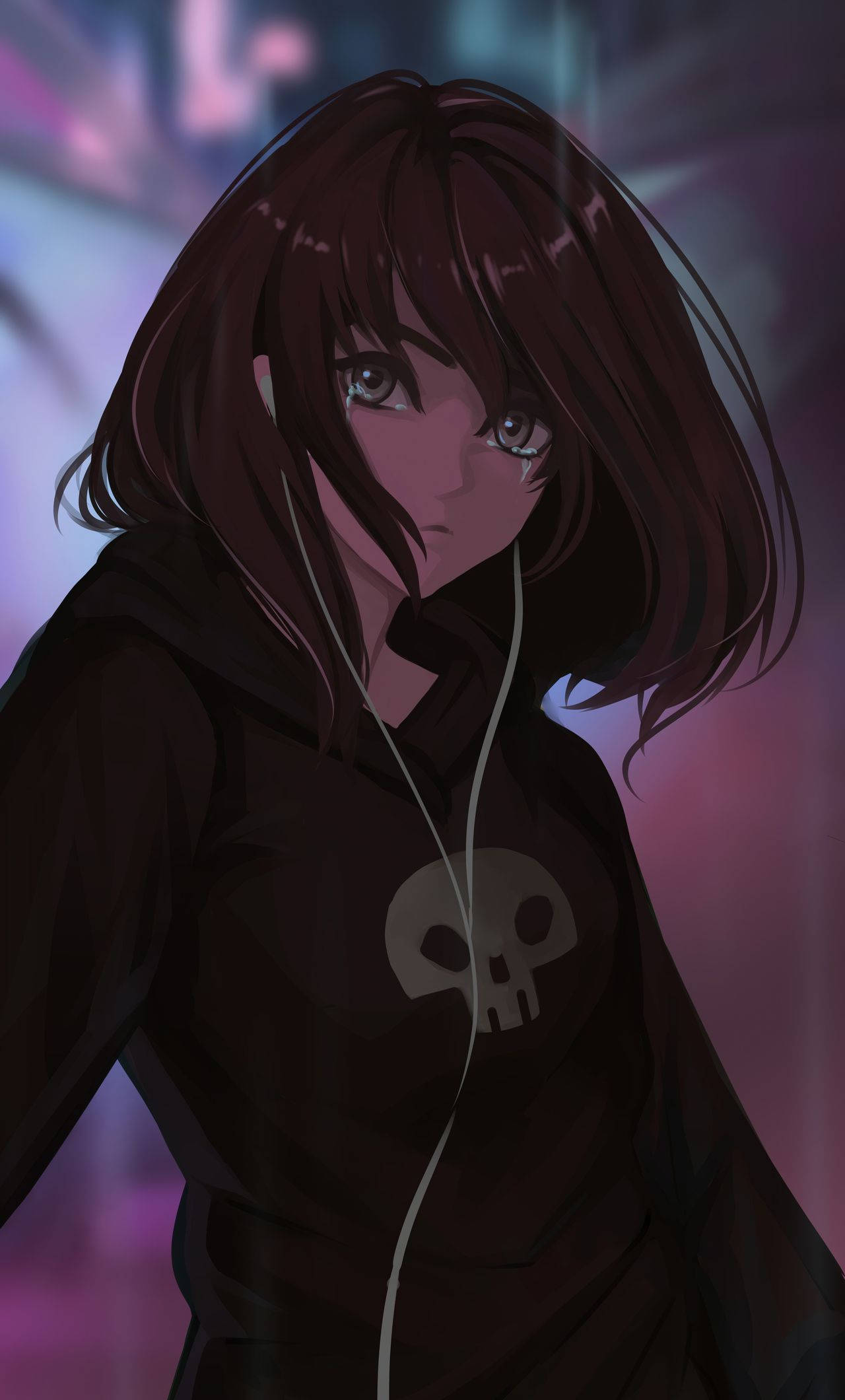 crying anime girl, skull hoodie, neon-lit urban night scene, Full HD Phone Wallpaper