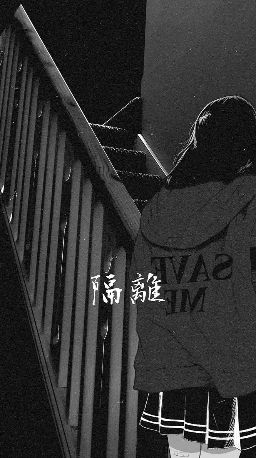 anime girl, hoodie, dimly lit staircase, HD Phone Wallpaper