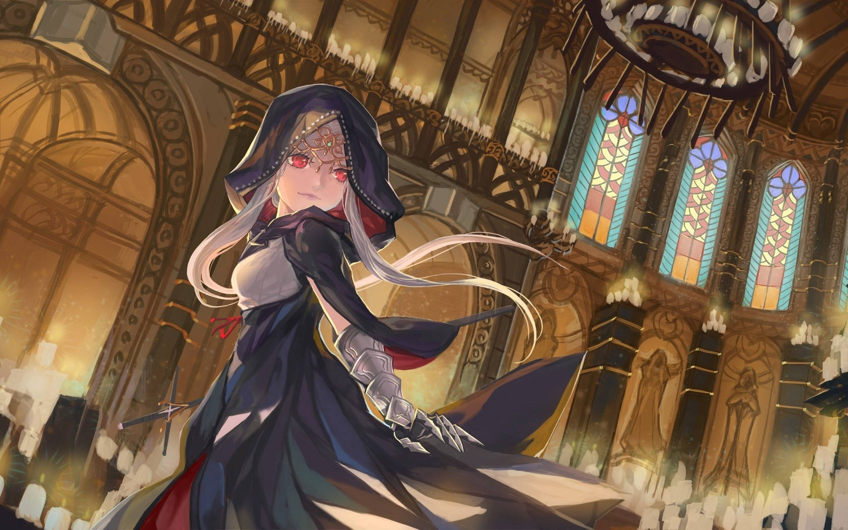 silver-haired anime girl, red eyes, grand cathedral, HD Desktop Wallpaper