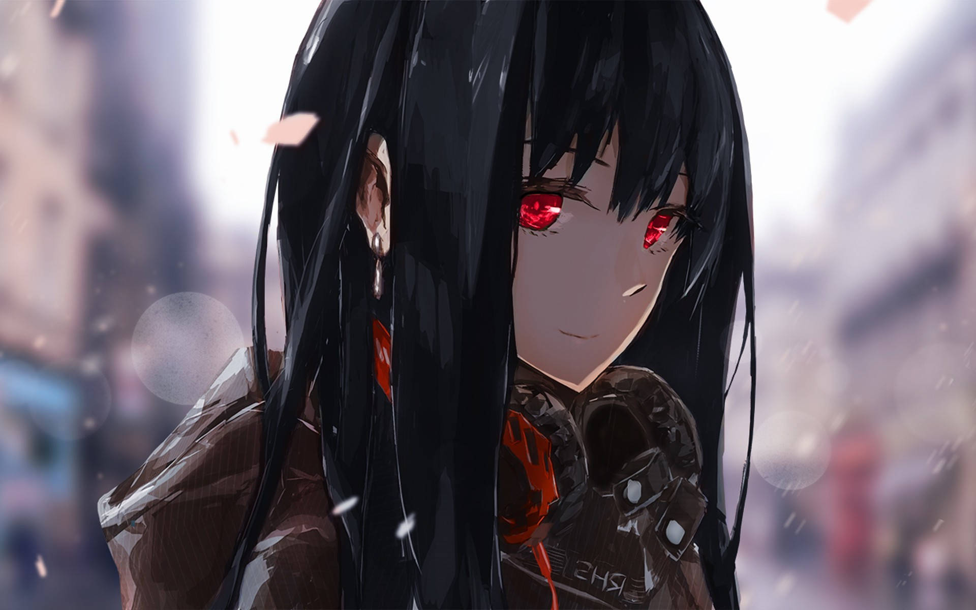 anime girl hoodie, red eyes, dark-haired, Full HD Desktop Wallpaper