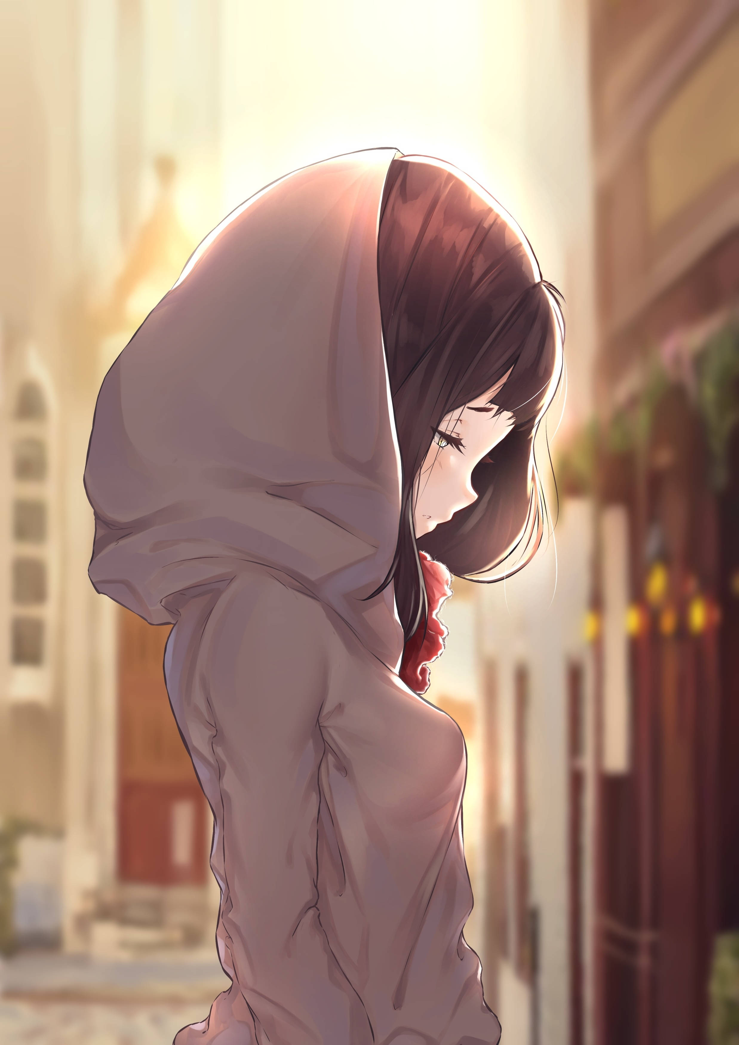 lonely anime girl hoodie, young anime girl, hoodie, 2K Phone Wallpaper